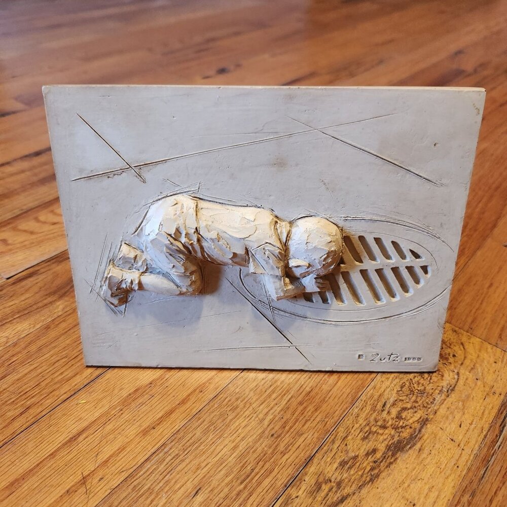 Vintage 1969 Zutz Deco Relief Sculpture Of Child Crawling Toward Grate With Velv